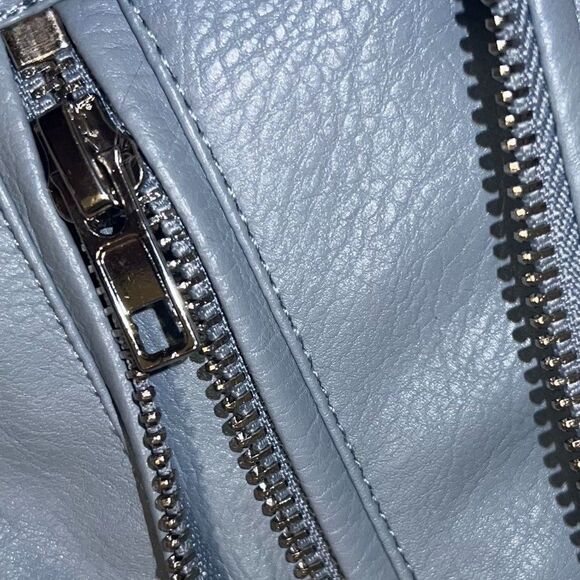 Medium GUESS Baby Blue Scarlett Faux Leatherette double breasted Moto Jacket - Picture 5 of 11